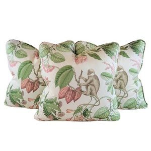 3 Pc Set Designer P Kaufmann Pink Green Botanical Monkey Tropical Pillow Covers